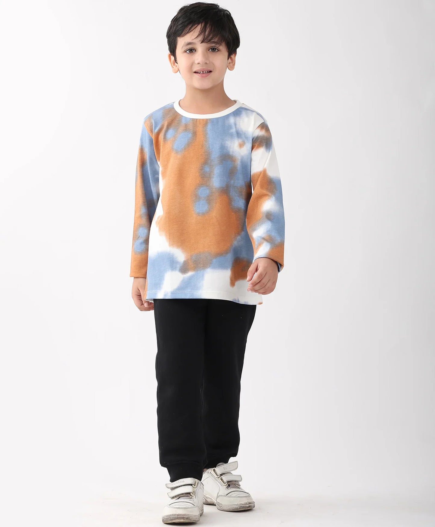 BLUE BROWN TIE DYE LONG SLEEVE T-SHIRT FLEECE JOGGER SET - BLUE/BLACK