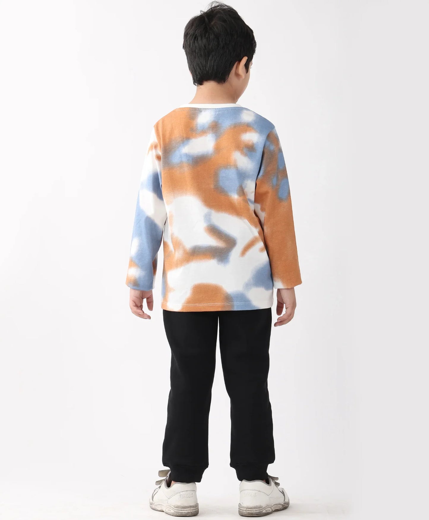 BLUE BROWN TIE DYE LONG SLEEVE T-SHIRT FLEECE JOGGER SET - BLUE/BLACK