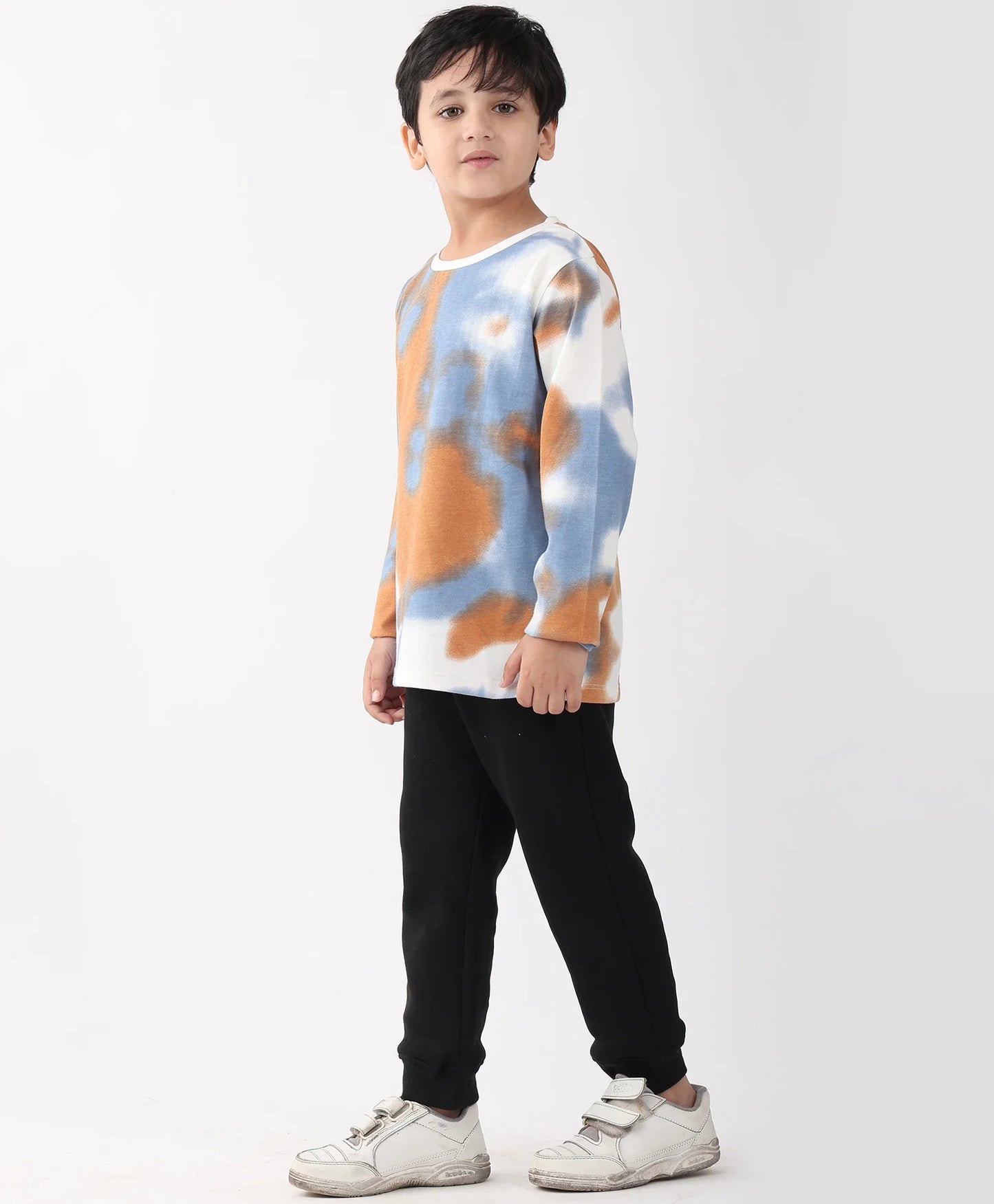 BLUE BROWN TIE DYE LONG SLEEVE T-SHIRT FLEECE JOGGER SET - BLUE/BLACK