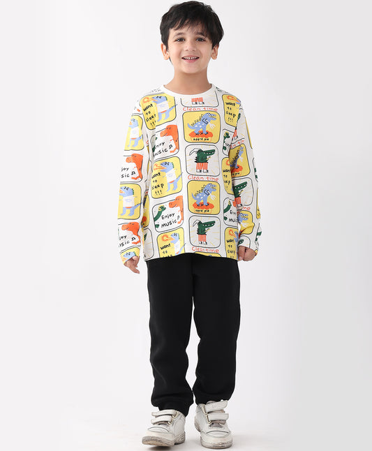 DINOSAUR STAMP LONG SLEEVE T-SHIRT FLEECE JOGGER SET - WHITE/BLACK