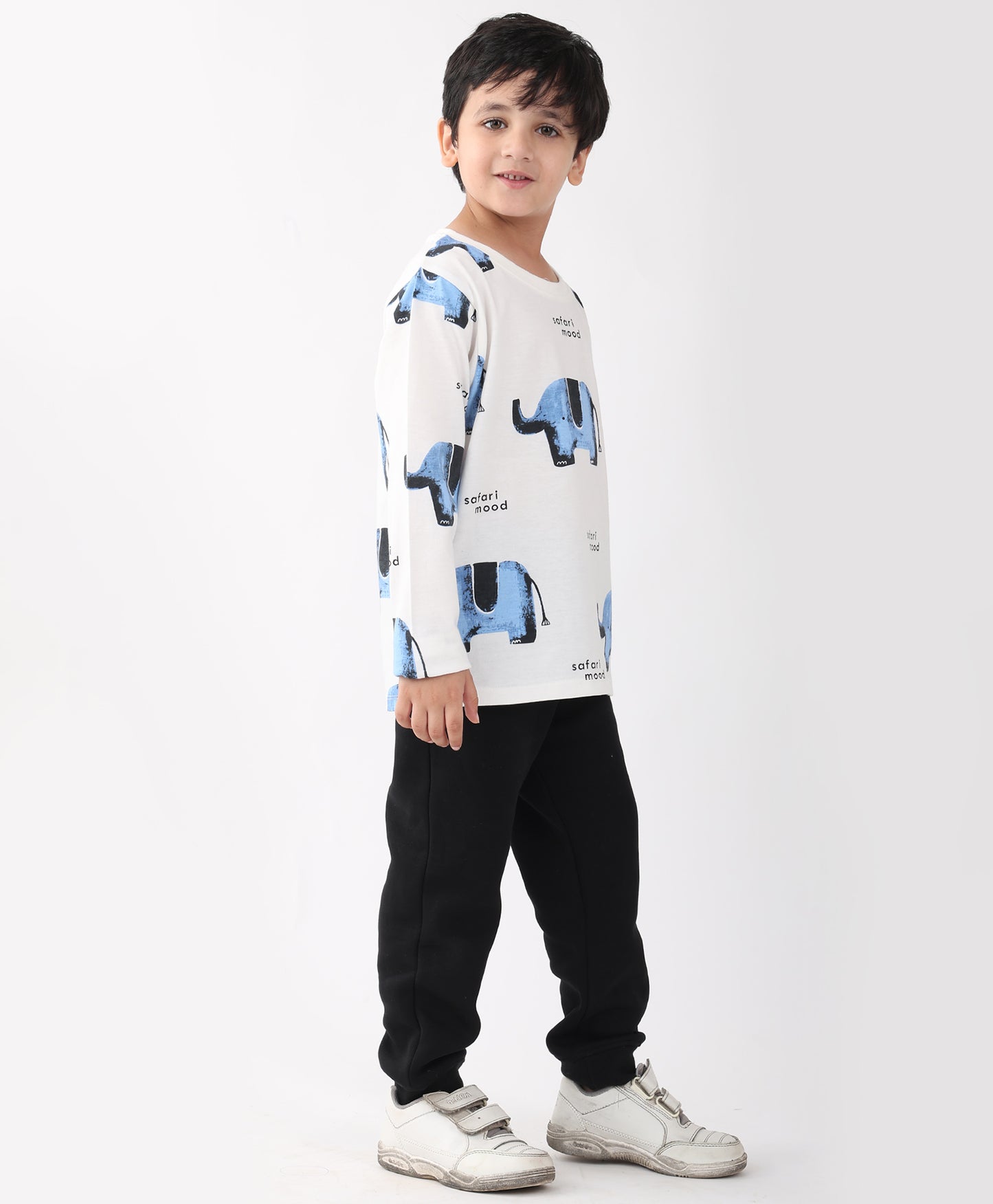 ELEPHANT SAFARI LONG SLEEVE T-SHIRT FLEECE JOGGER SET - WHITE/BLACK