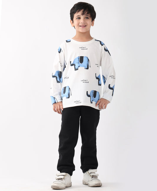 ELEPHANT SAFARI LONG SLEEVE T-SHIRT FLEECE JOGGER SET - WHITE/BLACK