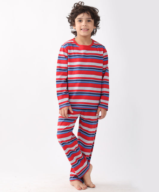 RED BLUE GREY STRIPE BOYS PYJAMA SET - MULTI
