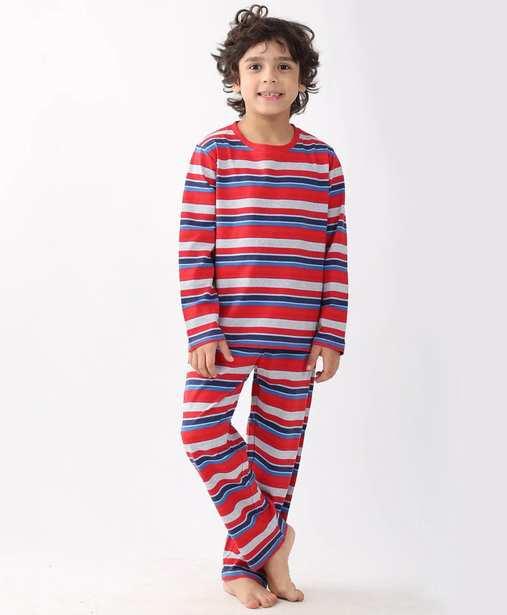 RED BLUE GREY STRIPE BOYS PYJAMA SET - MULTI