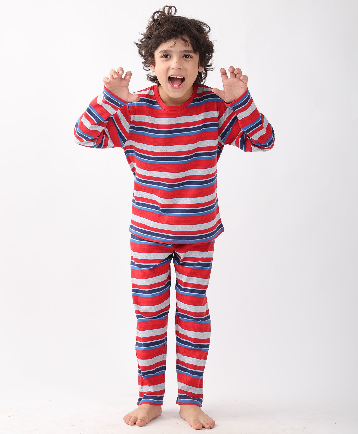 RED BLUE GREY STRIPE BOYS PYJAMA SET - MULTI