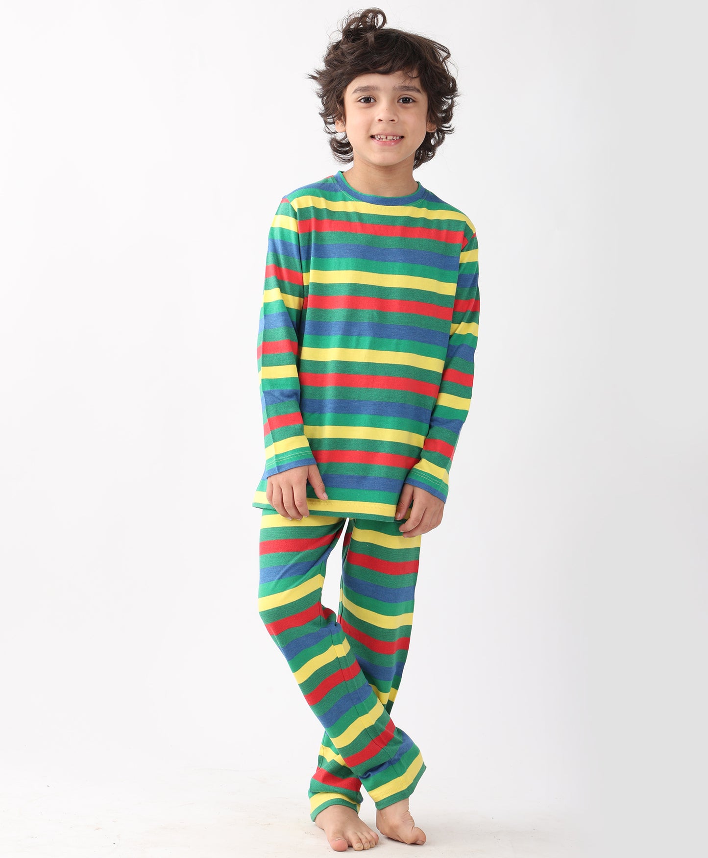 GREEN YELLOW RED STRIPE BOYS PYJAMA SET - MULTI