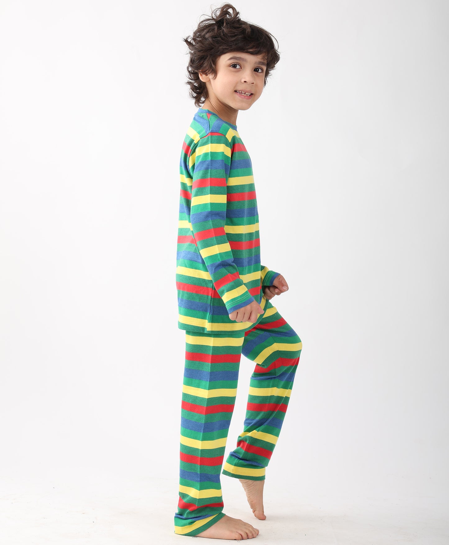 GREEN YELLOW RED STRIPE BOYS PYJAMA SET - MULTI