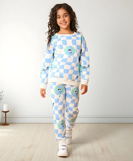 GLOBE CHECK GIRLS FLEECE SWEATSHIRT JOGGER SET - BLUE