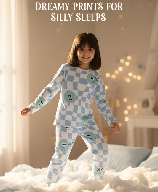 GLOBE CHECK GIRLS LONG SLEEVES PYJAMA SET - BLUE