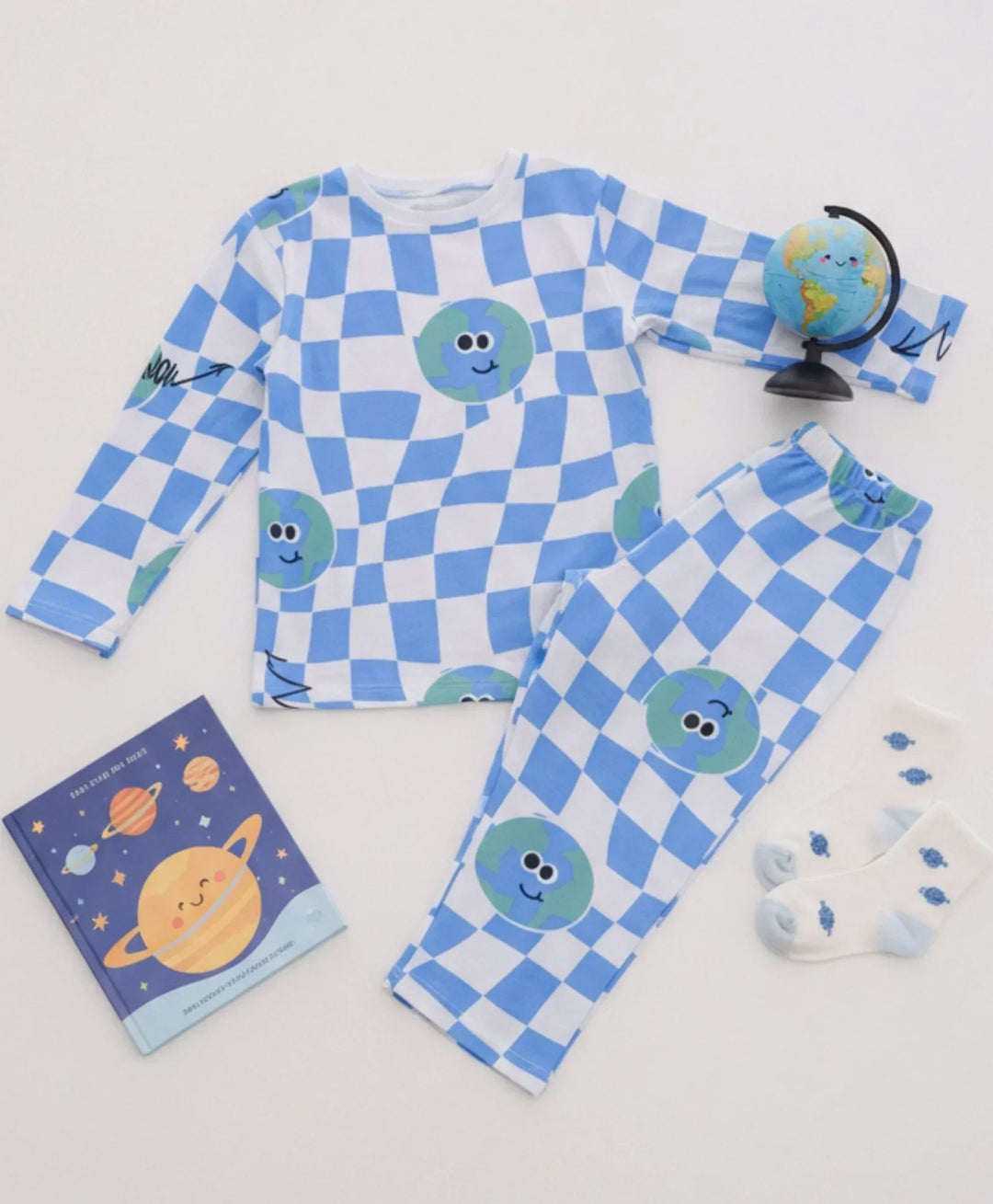 GLOBE CHECK GIRLS LONG SLEEVES PYJAMA SET - BLUE - Anthrilo 