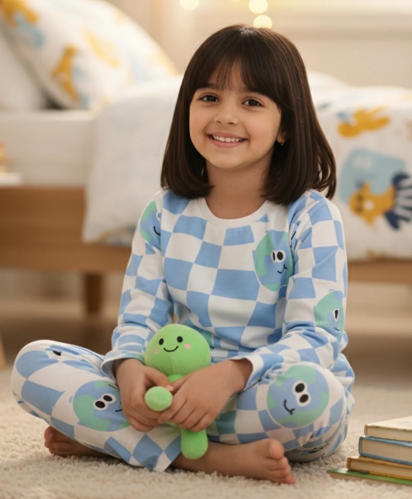 GLOBE CHECK GIRLS LONG SLEEVES PYJAMA SET - BLUE