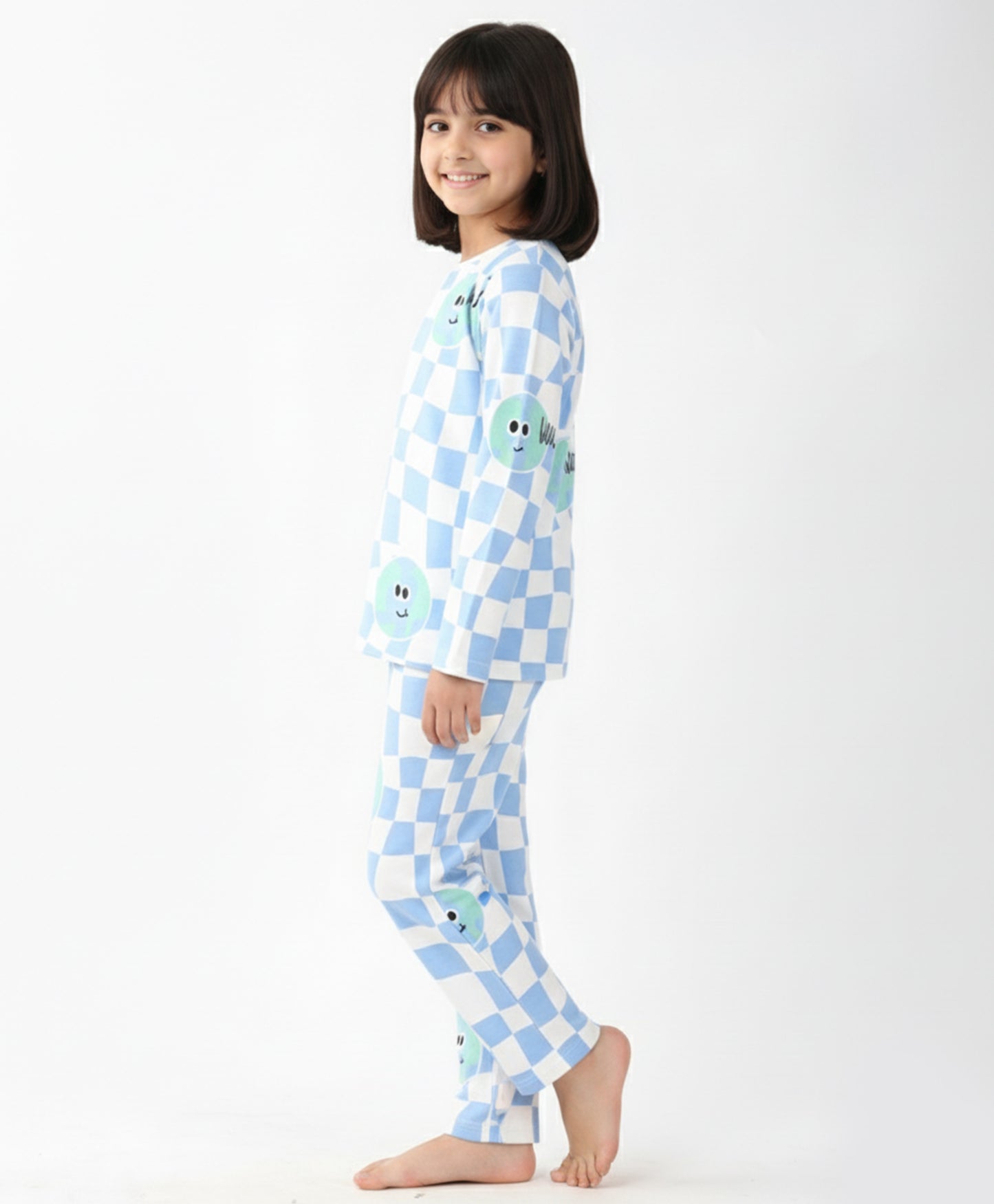GLOBE CHECK GIRLS LONG SLEEVES PYJAMA SET - BLUE