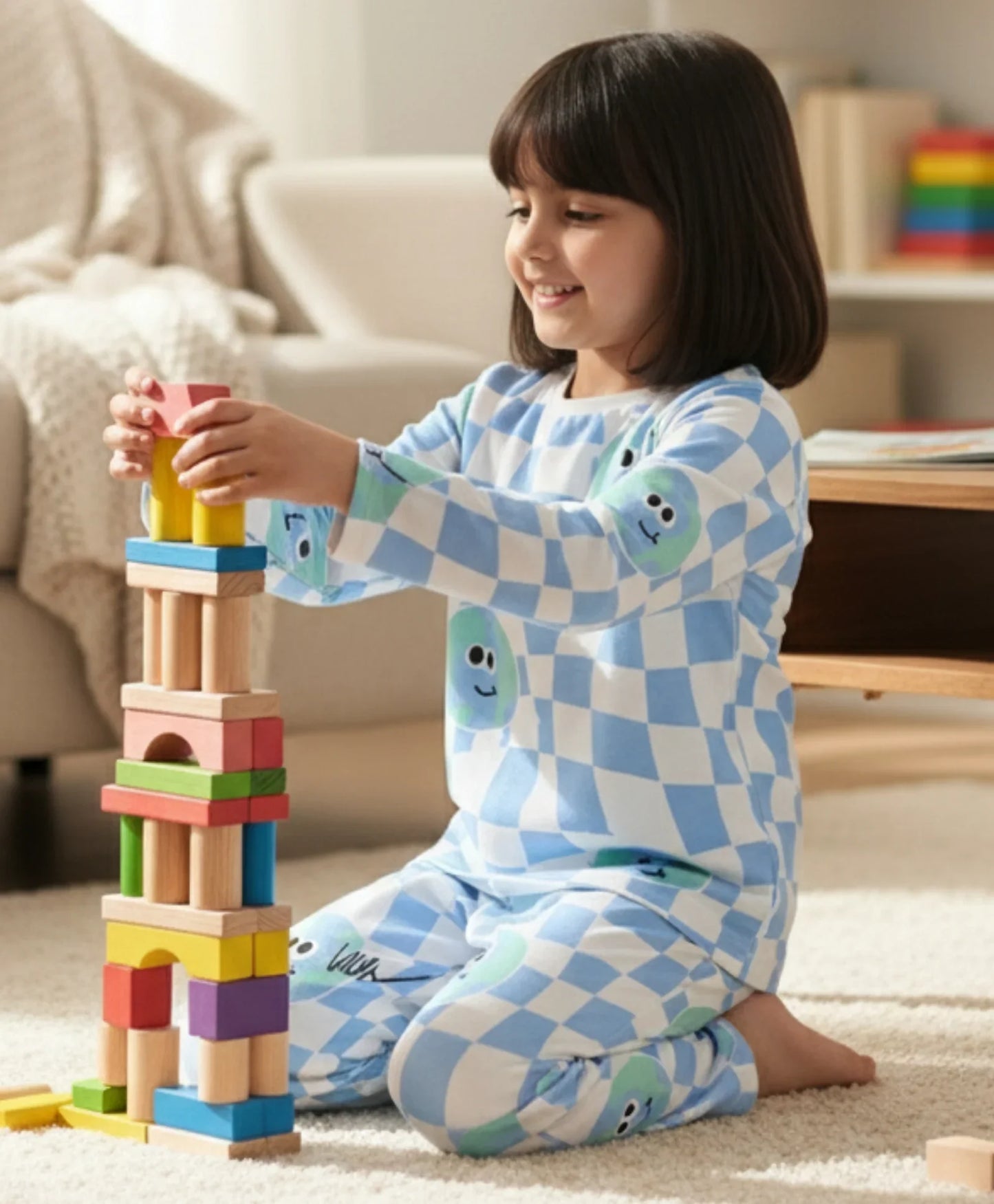 GLOBE CHECK GIRLS LONG SLEEVES PYJAMA SET - BLUE