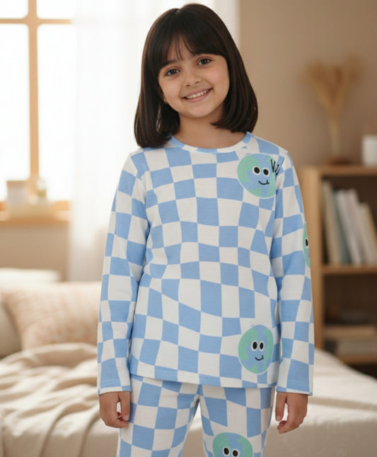 GLOBE CHECK GIRLS LONG SLEEVES PYJAMA SET - BLUE