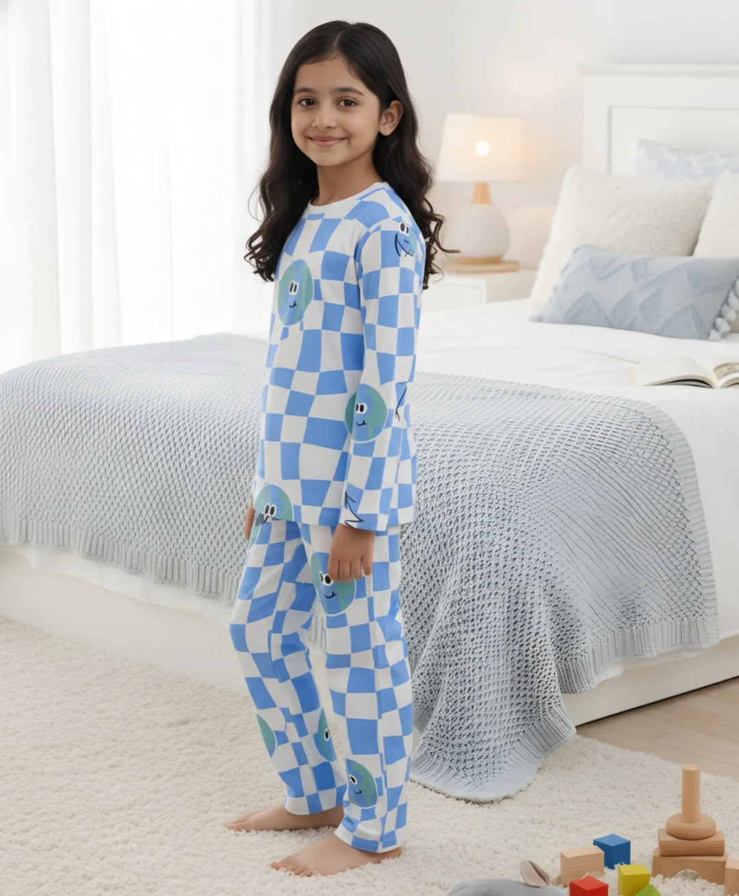 Globe Check Long Sleeve Pyjama Set - Blue