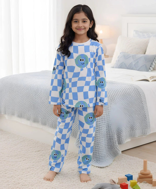 GLOBE CHECK GIRLS LONG SLEEVES PYJAMA SET - BLUE - Anthrilo 
