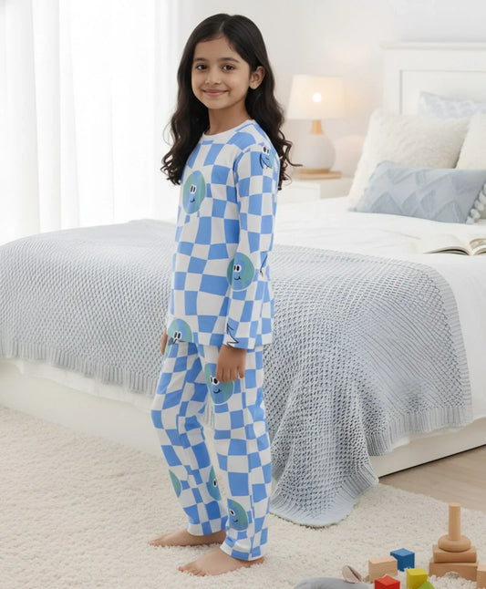 GLOBE CHECK GIRLS LONG SLEEVES PYJAMA SET - BLUE - Anthrilo 