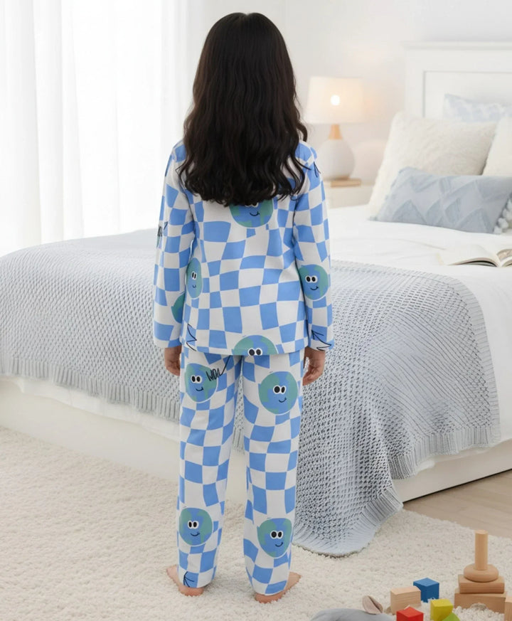 GLOBE CHECK GIRLS LONG SLEEVES PYJAMA SET - BLUE - Anthrilo 
