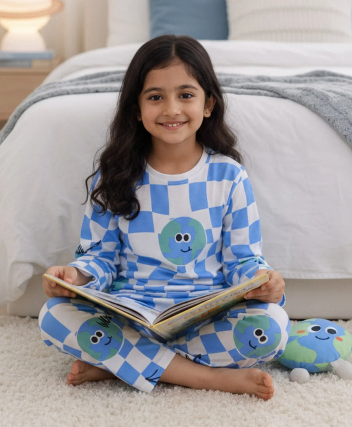 Globe Check Long Sleeve Pyjama Set - Blue