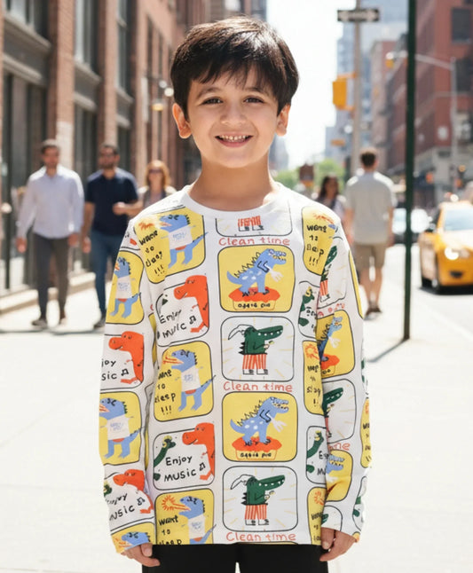 DINOSAUR STAMP LONG SLEEVE BOYS T-SHIRT -OFF WHITE