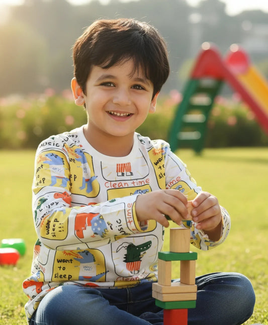 DINOSAUR STAMP LONG SLEEVE BOYS T-SHIRT -OFF WHITE