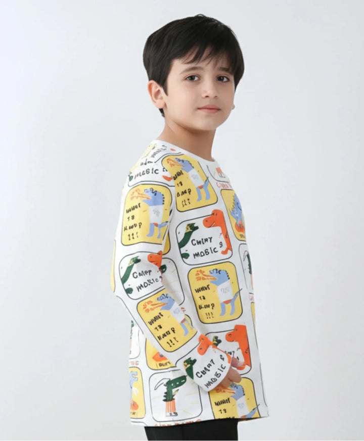 Dinosaur Stamp Long Sleeve Boys T-Shirt -Off White