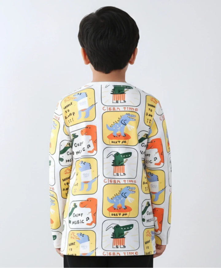 Dinosaur Stamp Long Sleeve Boys T-Shirt -Off White