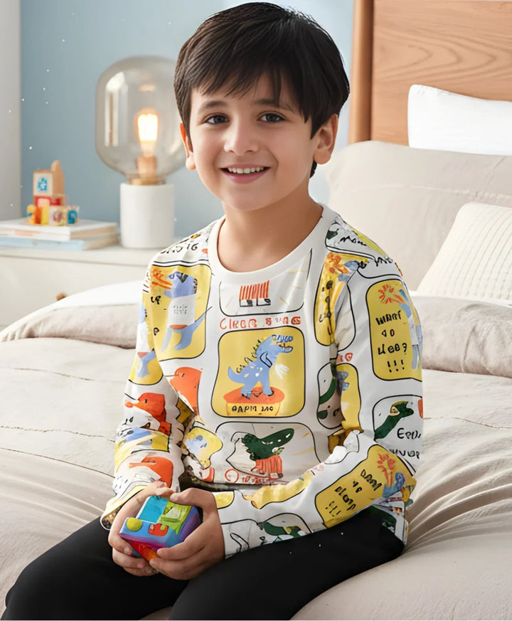 Dinosaur Stamp Long Sleeve Boys T-Shirt -Off White