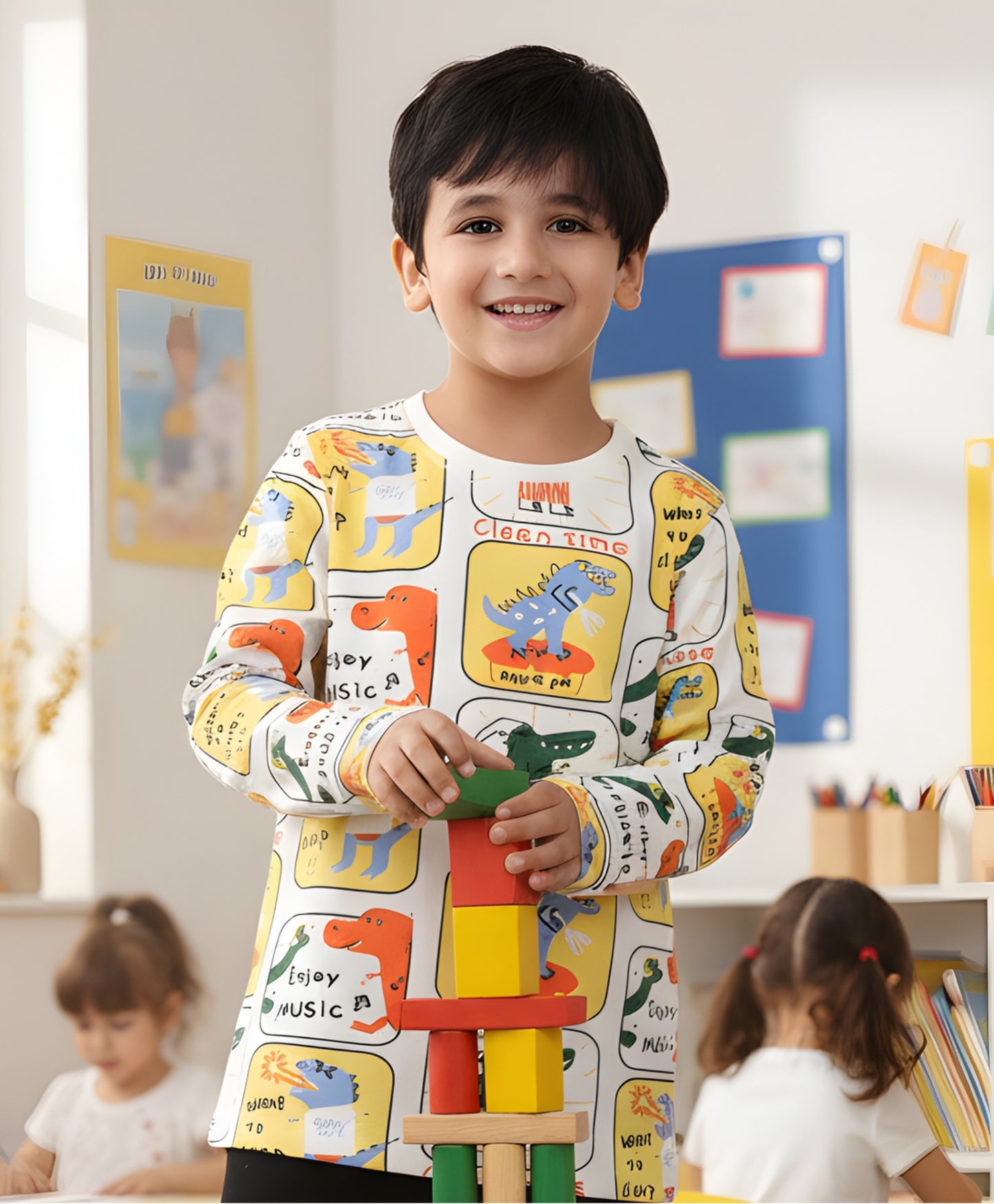 DINOSAUR STAMP LONG SLEEVE BOYS T-SHIRT -OFF WHITE