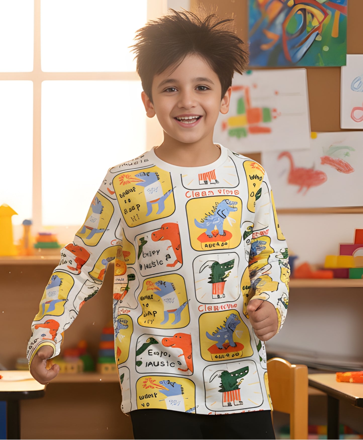 DINOSAUR STAMP LONG SLEEVE BOYS T-SHIRT -OFF WHITE