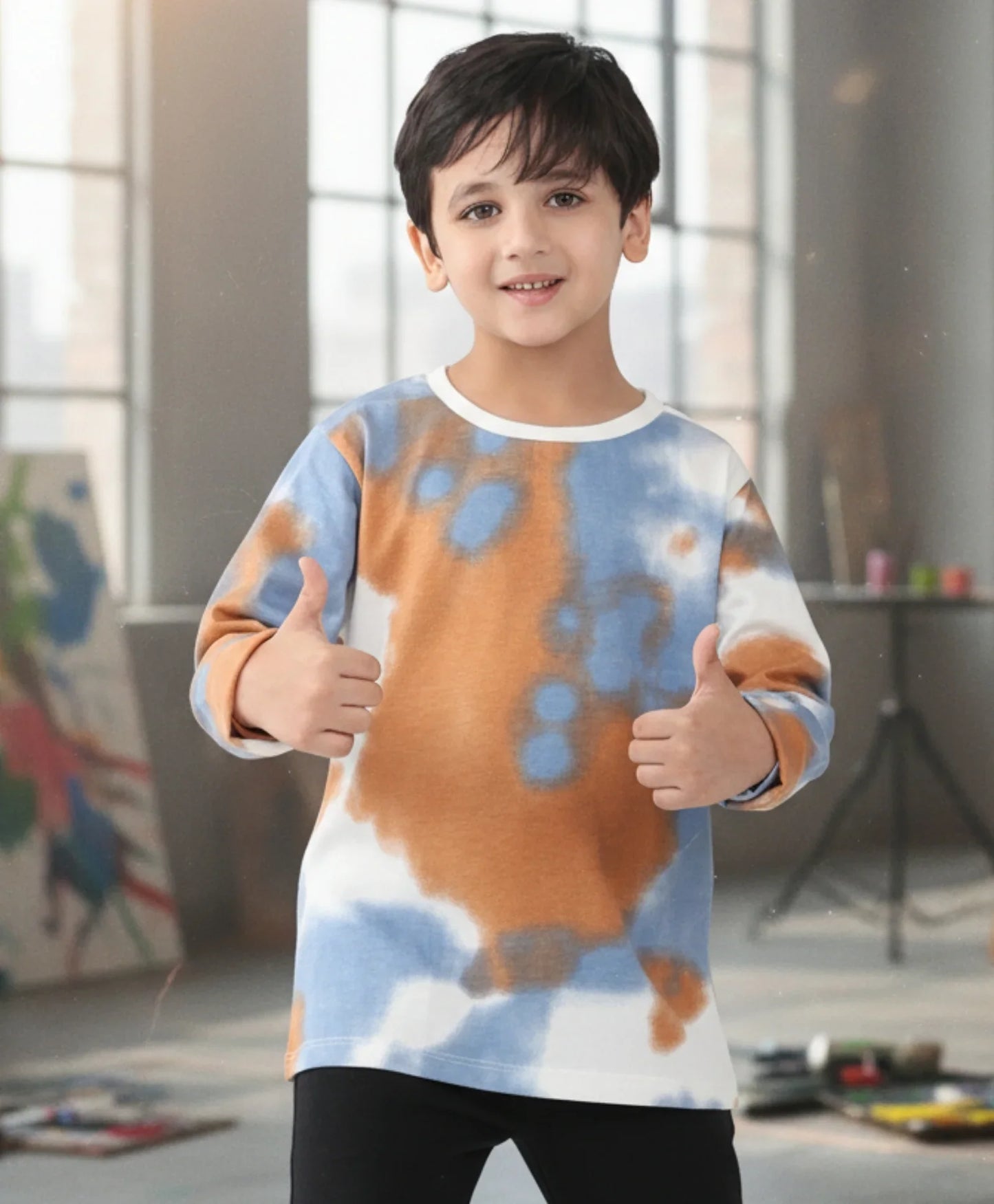 BLUE BROWN TIE DYE LONG SLEEVE BOYS T-SHIRT -BROWN