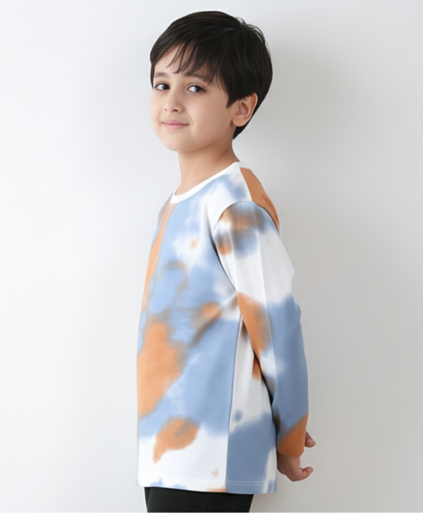 BLUE BROWN TIE DYE LONG SLEEVE BOYS T-SHIRT -BROWN