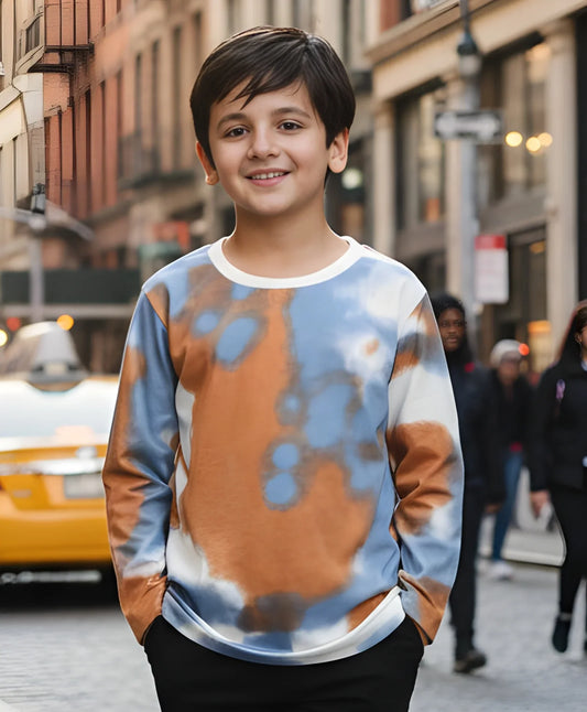 BLUE BROWN TIE DYE LONG SLEEVE BOYS T-SHIRT -BROWN