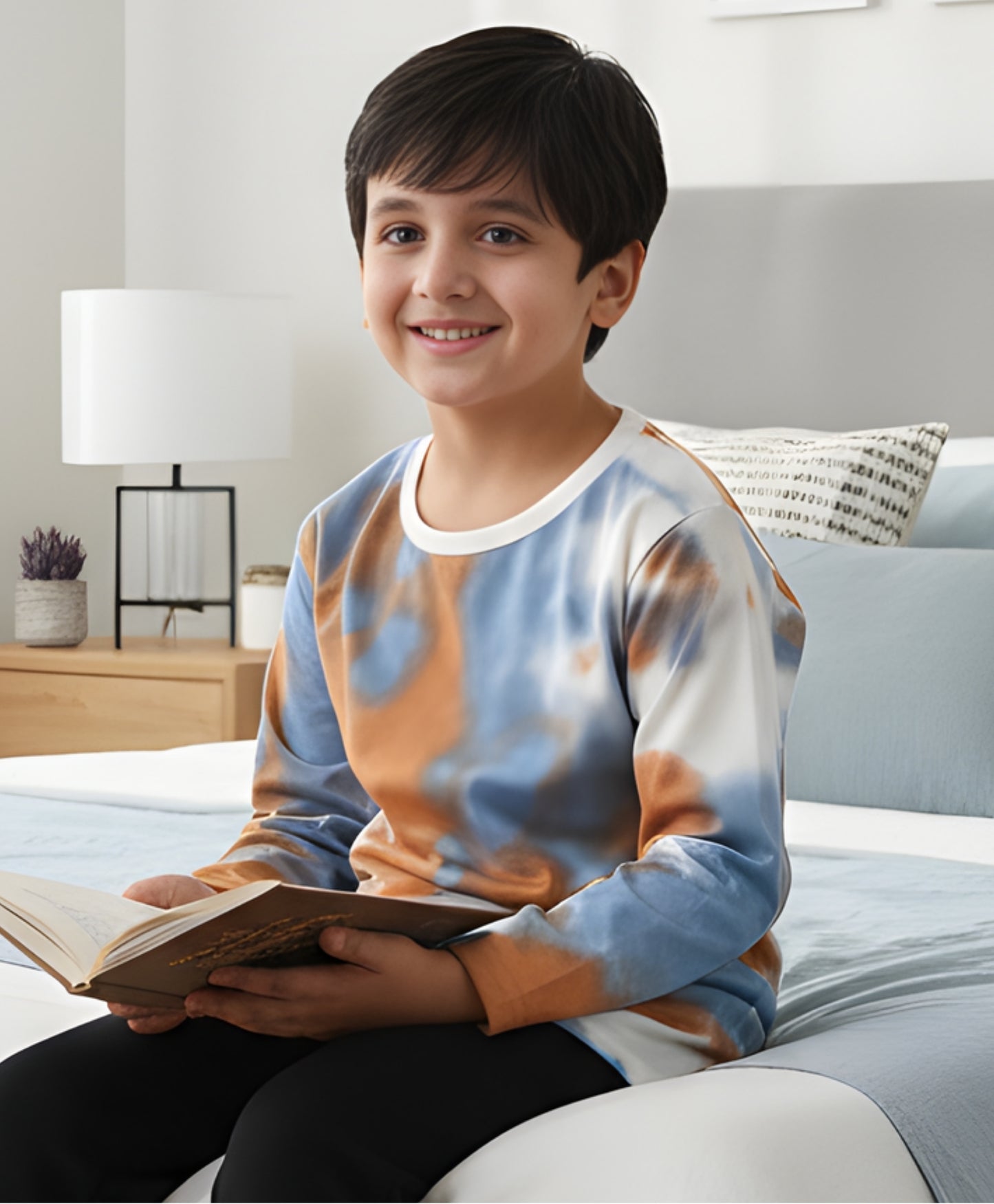 BLUE BROWN TIE DYE LONG SLEEVE BOYS T-SHIRT -BROWN