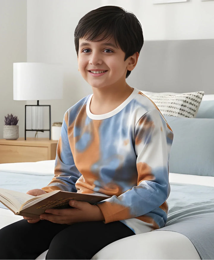 BLUE BROWN TIE DYE LONG SLEEVE BOYS T-SHIRT -BROWN - Anthrilo 