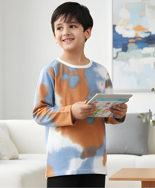 BLUE BROWN TIE DYE LONG SLEEVE BOYS T-SHIRT -BROWN