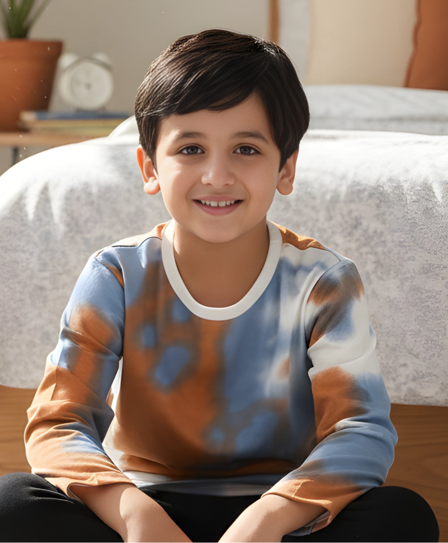 BLUE BROWN TIE DYE LONG SLEEVE BOYS T-SHIRT -BROWN