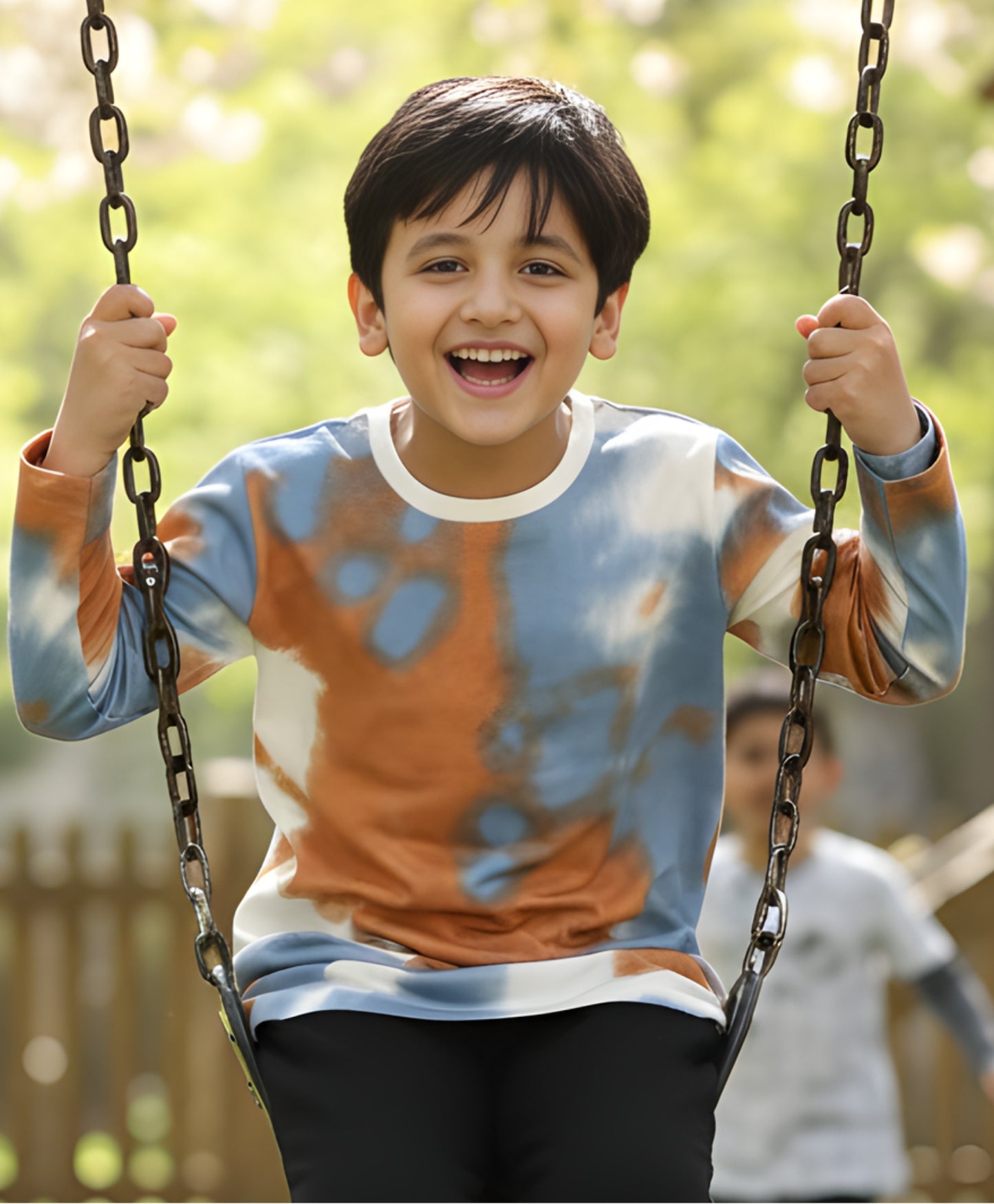 BLUE BROWN TIE DYE LONG SLEEVE BOYS T-SHIRT -BROWN