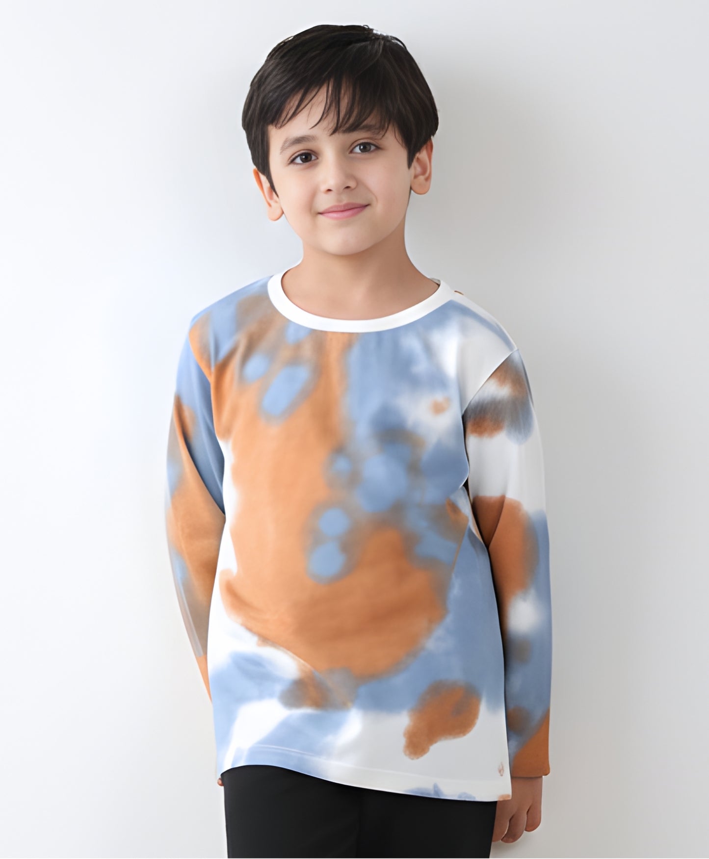 BLUE BROWN TIE DYE LONG SLEEVE BOYS T-SHIRT -BROWN