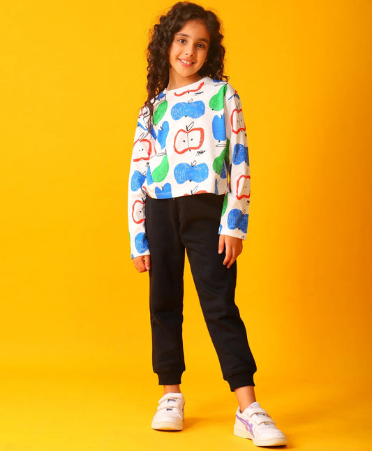 APPLE PEAR LONG SLEEVE GRILS T-SHIRT BLACK FLEECE JOGGER SET - WHITE/BLACK