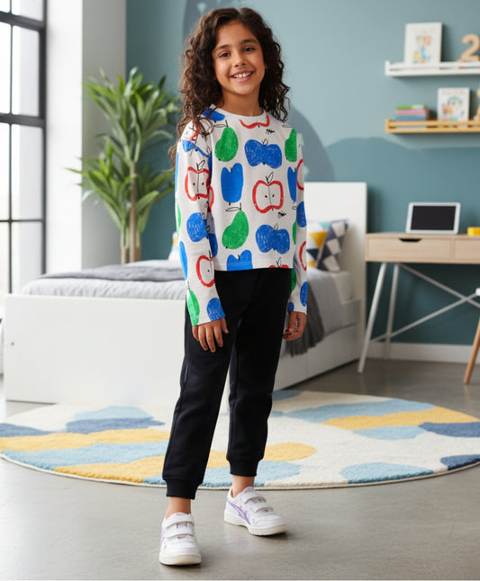 APPLE PEAR LONG SLEEVE GRILS T-SHIRT BLACK FLEECE JOGGER SET - WHITE/BLACK