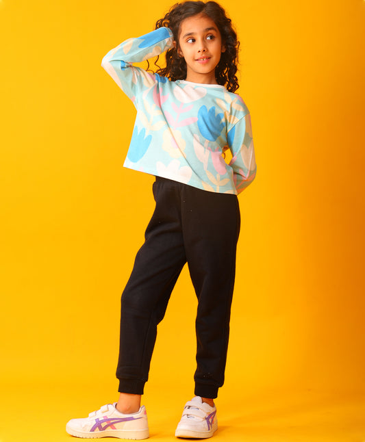 AQUA FLOWER LONG SLEEVE GRILS T-SHIRT FLEECE JOGGER SET - AQUA/BLACK