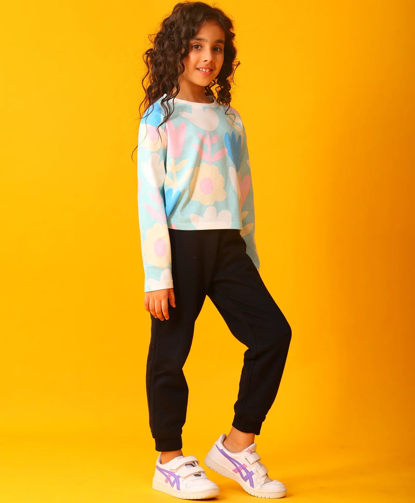 AQUA FLOWER LONG SLEEVE GRILS T-SHIRT FLEECE JOGGER SET - AQUA/BLACK