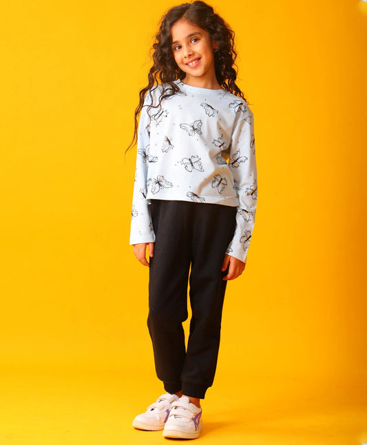 BLUE BUTTERFLY LONG SLEEVE GRILS T-SHIRT FLEECE JOGGER SET - BLUE/BLACK