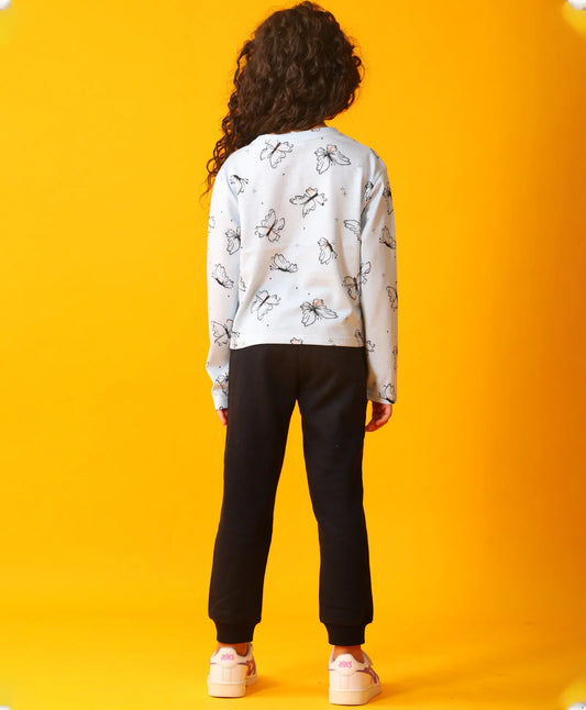 BLUE BUTTERFLY LONG SLEEVE GRILS T-SHIRT FLEECE JOGGER SET - BLUE/BLACK