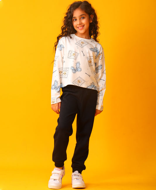 BOW KEY CAT LONG SLEEVE GRILS T-SHIRT FLEECE JOGGER SET - WHITE/BLACK