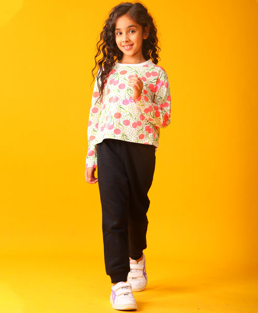 DOTTED CHERRY LONG SLEEVE GRILS T-SHIRT FLEECE JOGGER SET - WHITE/BLACK