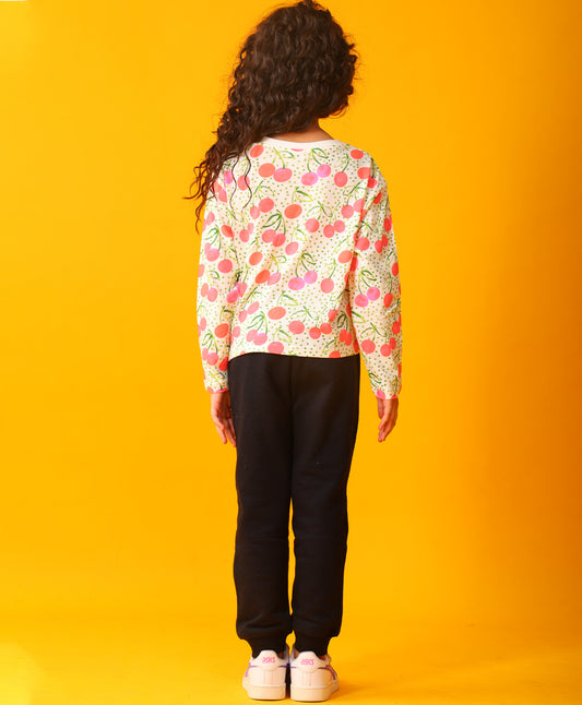 DOTTED CHERRY LONG SLEEVE GRILS T-SHIRT FLEECE JOGGER SET - WHITE/BLACK