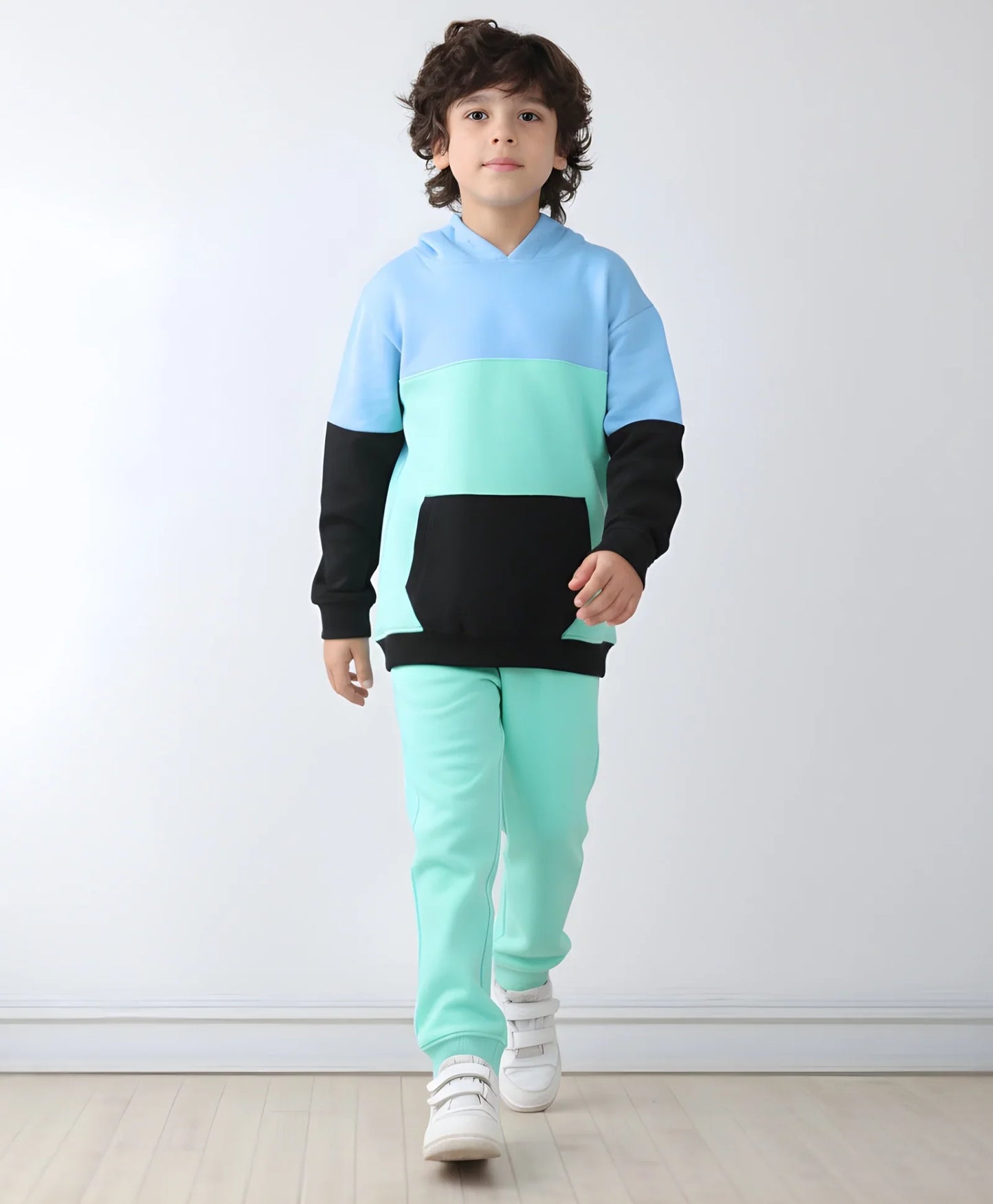 SEAGREEN BLUE BLACK BOYS HOODIE JOGGER SET - BLUE/SEA GREEN