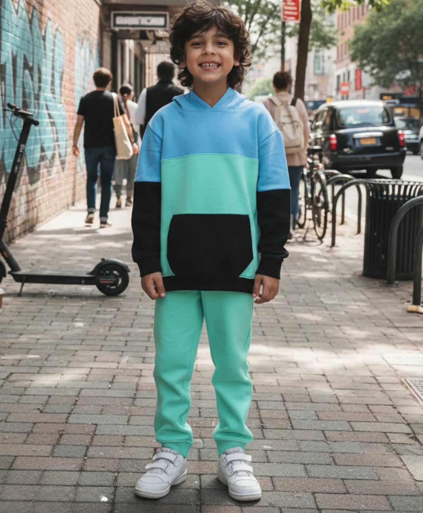 SEAGREEN BLUE BLACK BOYS HOODIE JOGGER SET - BLUE/SEA GREEN